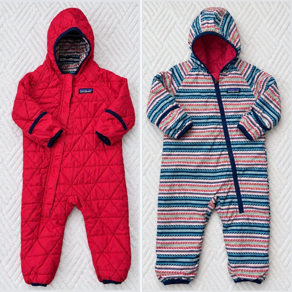 Patagonia Baby 6-12M Reversible Puff-Ball Bunting Red Striped Hooded Snowsuit